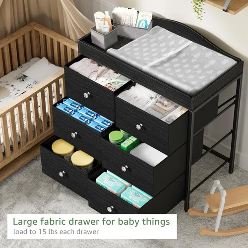 Vista 3 de BOLUO Cómoda con cambiador negro con 6 cajones de tela, tocador para bebés con cambiador superior, estación de cambio de pañales con almacenamiento