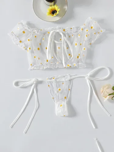 Vista 5 de LYANER Bonito conjunto de lencería para mujer con volantes de malla y nudo de corbata