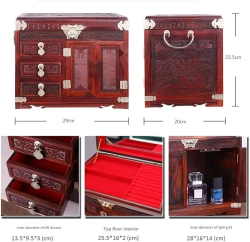 Vista 2 de INKTUS Joyero, caja de anillos de madera, caja de almacenamiento de joyería antigua, joyería hecha a mano, gran capacidad, decoración de vestidor