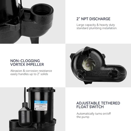 Vista 4 de Acquaer 3/4HP Bomba sumergible de efluentes de aguas residuales, hierro fundido, interruptor de flotador automático amarrado de 115V 6400 GPH, bomba