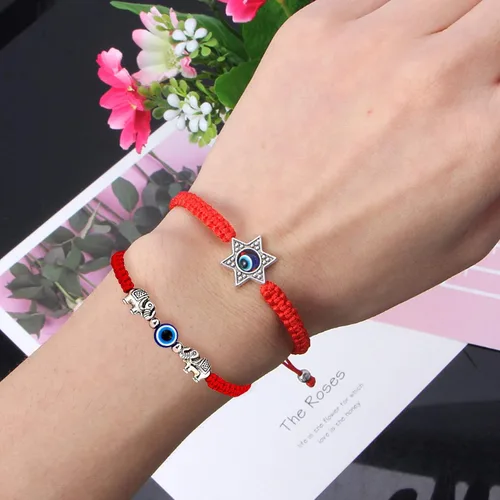 Vista 4 de Gmai Pulseras con dije de la suerte de ojo malvado, tobillera de cuerda roja, hilo trenzado, amuleto trenzado, familia, pareja, amistad, ajustable