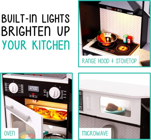 Vista 5 de Lil' Jumbl Juego de cocina de esquina para niños, cocina de lujo de madera de simulación, máquina de hielo a pilas, estufa y grifo con sonido Negro