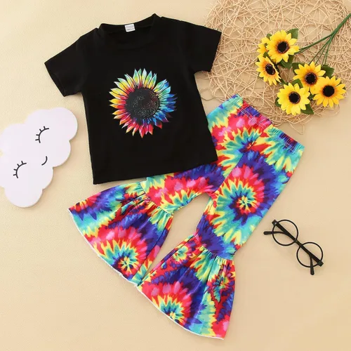 Vista 2 de Conjunto de trajes para niños y niñas, camiseta de manga corta con girasol, pantalones acampanados de teñido anudado