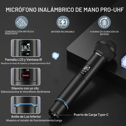 Vista 6 de TONOR Sistema de Micrófono Inalámbrico, Escaneo Automático y Emparejamiento Micrófono Inalámbrico Recargable Profesional, Set de 2x100 UHF