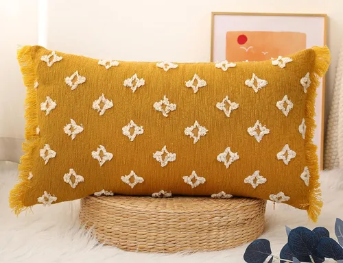 Vista 8 de Funda de almohada lumbar larga bohemia de 14x20 pulgadas con borla, de algodón, con patrón de flores 3D, funda de almohada lumbar larga para sofá