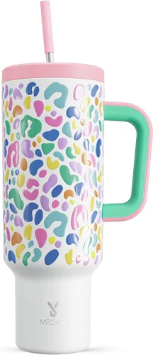 Vista 59 de Meoky - Vaso de 30 oz con asa, tapa y pajilla, taza de viaje térmica de acero inoxidable 100% a prueba de fugas, para portavasos, mantiene el frío