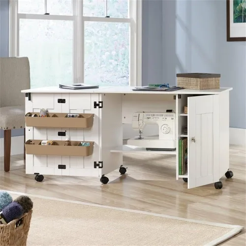 Vista 9 de BOWERY HILL Mesa de madera de ingeniería para coser o manualidades con superficie superior de melamina, almacenamiento detrás de la puerta