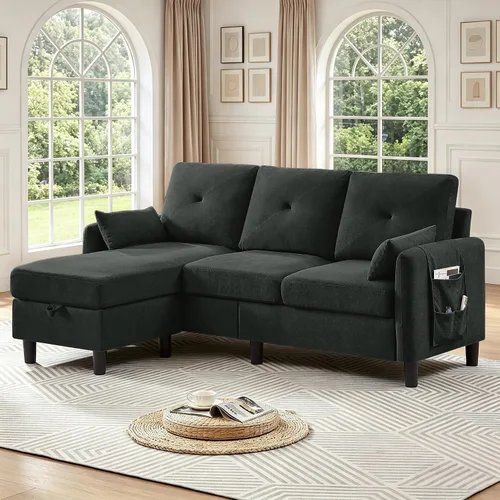 Vista 9 de Sofás Seccionales Convertibles de 77", Sofá en Forma de L de 3 Asientos con Chaise de Almacenamiento y Almohadas Removibles, Sofá Pequeño de Tela