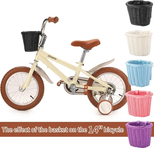 Vista 2 de Cesta de bicicleta para niñas, accesorios de bicicleta delantera, pequeña cesta de mimbre tejida con manillar serpentinas, campana para niños de 16