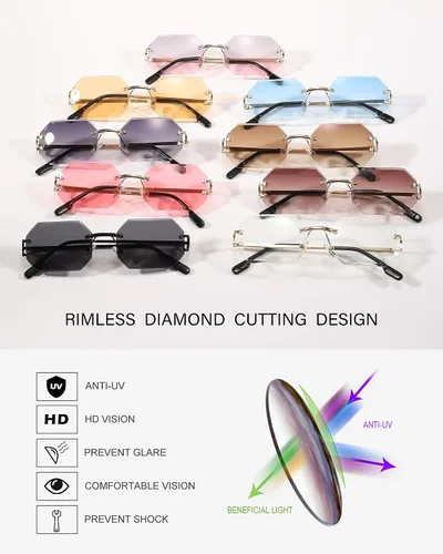 Vista 4 de Pro Acme Lentes de sol octágonos sin marco, de sombra rectangular, sin marco, para hombres y mujeres, lentes de moda teñidos