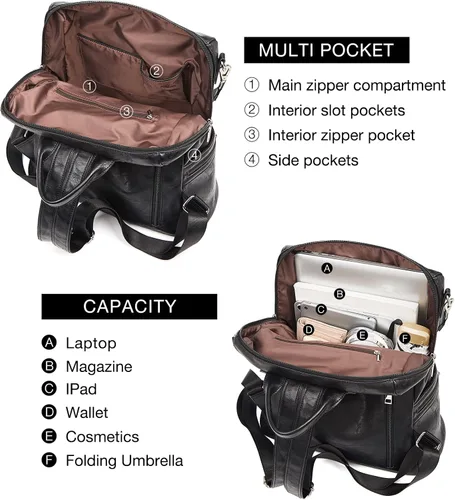 Vista 4 de FOXLOVER Mochila de moda para mujer, bolso de hombro grande convertible de cuero para mujer, Negro E, Classic