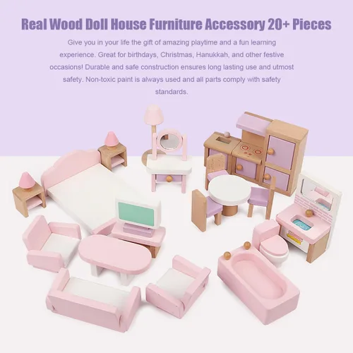 Vista 2 de 22 piezas de muebles de casa de muñecas de madera, accesorios de muebles de madera a escala 1:12, muebles de muñeca para muñeca, sala de estar