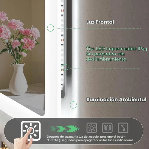 Vista 6 de S'bagno Espejo de baño LED de 32 x 24 pulgadas con luces, altavoz Bluetooth, antivaho e impermeable, espejo de pared regulable con control táctil, 3