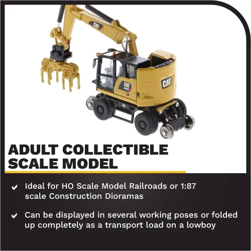 Vista 4 de Excavadora de ruedas para ferrocarril Caterpillar M323F 1:87 - Versión amarilla Cat - (HO) Modelo de la serie High Line por Diecast Masters - 85656