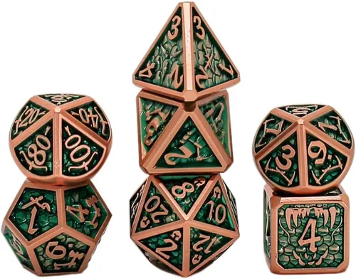Vista 16 de Juego de dados de metal con escamas de dragón en color negro con caja de exhibición, perfecto para juegos, equilibrio adecuado y distribución