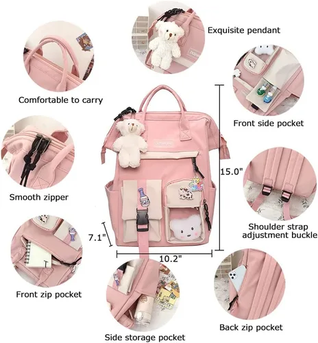Vista 3 de Mochila Kawaii de gran capacidad con pin Kawaii y accesorios, bonita mochila estética para adolescentes y niñas, mochilas para la escuela, Púrpura