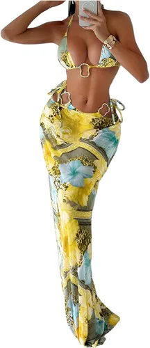 Vista 8 de WDIRARA Conjunto de bikini para mujer de 3 piezas, estampado floral halter con anillos, leopardo, traje de baño con falda de playa Varios