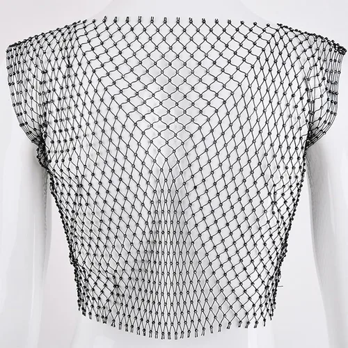Vista 7 de FlyCC Camiseta corta sexy de malla transparente con diamantes de imitación sin mangas para mujer