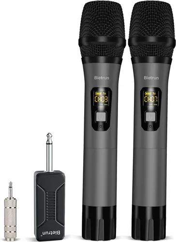 Vista 12 de Bietrun Micrófono inalámbrico, juego profesional de micrófonos UHF de metal, de mano, doble, inalámbrico, dinámico, con receptor recargable, salida
