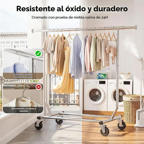 Vista 5 de HOKEEPER Perchero para ropa, percheros enrollables para colgar ropa, perchero portátil con ruedas bloqueables, perchero de ropa resistente de uso