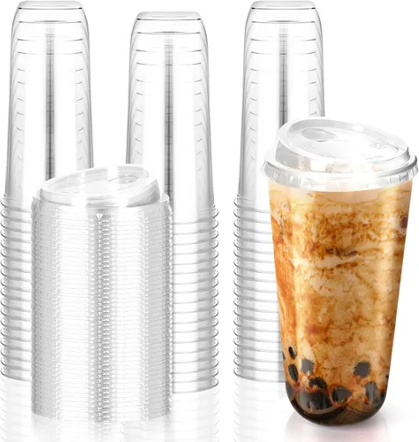 Vista 10 de 50 piezas de vasos de plástico para café con tapas con asa, vasos desechables de plástico PET transparente con tapas sin pajita para café helado