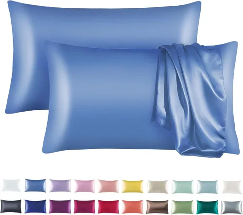 Vista 14 de Tyfitb Juego de 2 fundas de almohada de satén para cabello y piel, color azul bebé, fundas de almohada de enfriamiento tamaño estándar