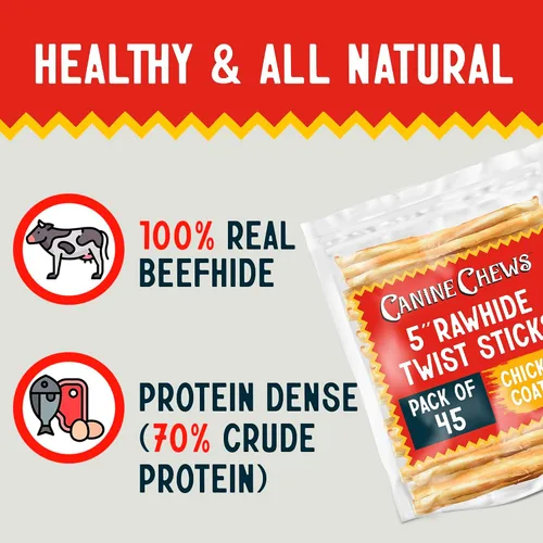 Vista 3 de Canine Chews Palitos recubiertos de pollo de 5 pulgadas, paquete de 45 golosinas de cuero crudo para perros de origen estadounidense, masticables