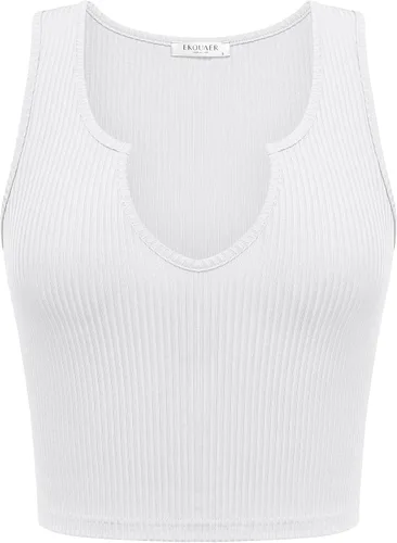 Vista 6 de Ekouaer Camiseta corta sin mangas con cuello en V para mujer, ajustada, color blanco