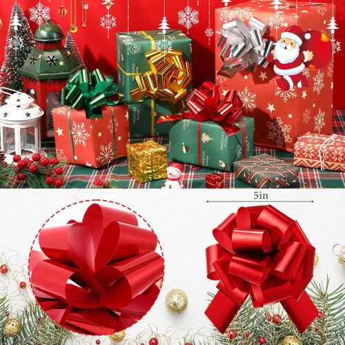 Vista 3 de Poen 30 Lazos de Tirar de Navidad para Envolver Regalos de 5 Pulgadas Lazos de Tirar Grandes de Cinta para Bolsa de Regalo de Vacaciones Caja Cesta