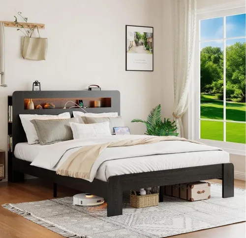 Vista 10 de Marco de Cama de Madera Tamaño Full con Cabecera de Almacenamiento, Marco de Cama de Plataforma Estilo Granja con Estante de Librería y Luces LED