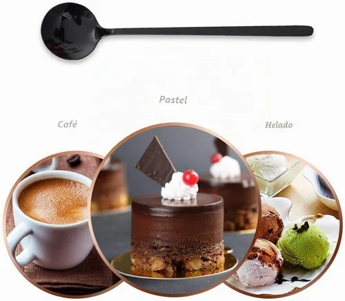 Vista 6 de Juego de 8 mini cucharas de café expreso de 5.3 pulgadas con mango esmerilado negro mate de acero inoxidable para postre té, helado, pastel