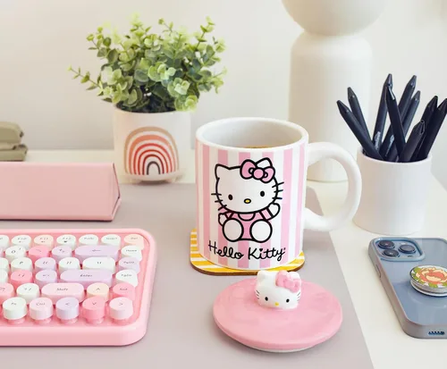 Vista 7 de Toynk Sanrio Hello Kitty - Taza de cerámica con tapa con diseño de rayas rosadas, taza de café grande para té, expreso, cacao, capacidad para 18