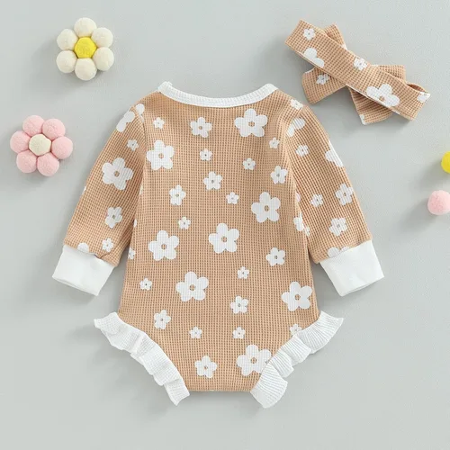 Vista 21 de Ropa de bebé recién nacida, sudadera floral de manga larga, mameluco con volantes, diadema de gofre, traje de otoño de una pieza