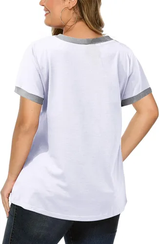 Vista 3 de Eytino Blusas de talla grande para mujer, cuello en V, manga corta, a rayas, casual, holgada, con bolsillo (1X-5X)