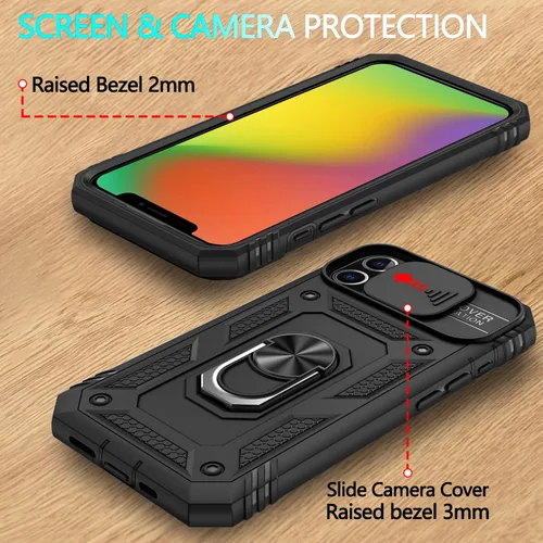 Vista 7 de Funda para iPhone 11, funda para iPhone 11 con 3 protectores de pantalla de vidrio templado, soporte de anillo integrado + cubierta de cámara
