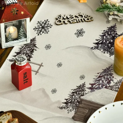 Vista 3 de Artoid Mode Árboles de Navidad Deja que nieve Muñeco de nieve negro Camino de mesa de Navidad, decoración de mesa de comedor para vacaciones