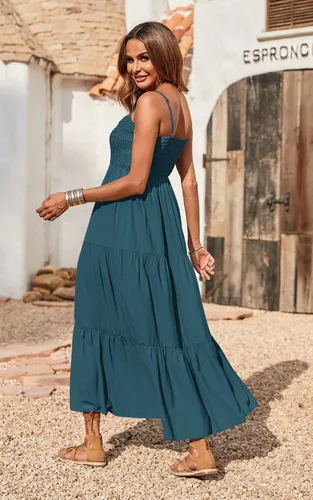 Vista 4 de Vestido largo de verano para mujer de PRETTYGARDEN, casual, bohemio, sin mangas, con tirantes delgados, fruncido, para playa, para el sol.