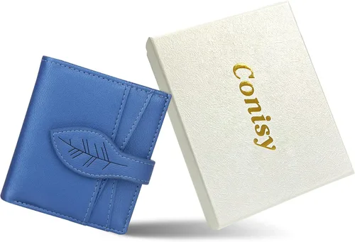 Vista 6 de CONISY Cartera pequeña para mujer, con bloqueo RFID, de piel, plegable, con bolsillo frontal, con cremallera (azul)