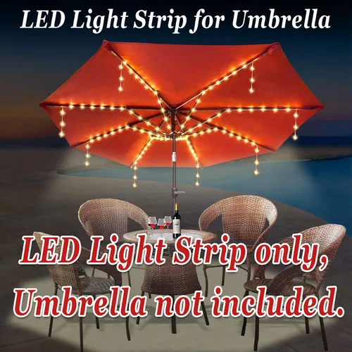 Vista 8 de Luces para sombrilla de patio, 8 modos de iluminación, 104 luces LED con control remoto, funciona con pilas, para restaurante, cafetería, jardín, al