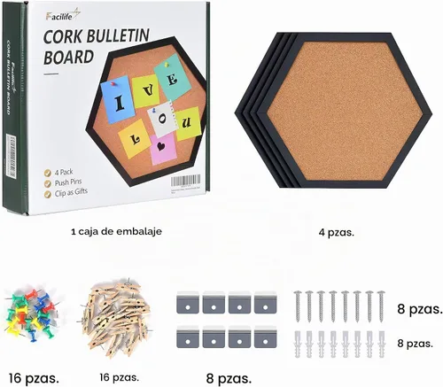 Vista 3 de Facilife Paquete de 4 tableros de corcho, corchos para pared, pequeñas decoraciones de tablero de corcho, tableros de corcho para paredes con marco