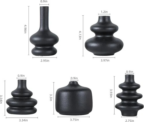 Vista 6 de JOJUNO - Juego de 5 jarrones negros de brotes, pequeños jarrones de cerámica, mini jarrones de cerámica para flores, jarrones decorativos