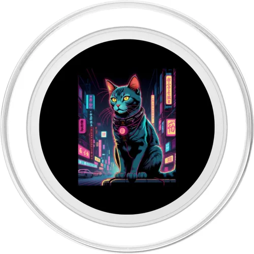 Vista 2 de Japanese Vaporwave Cat 80s Synthwave Graphic PopSockets MagSafe PopGrip for iPhone