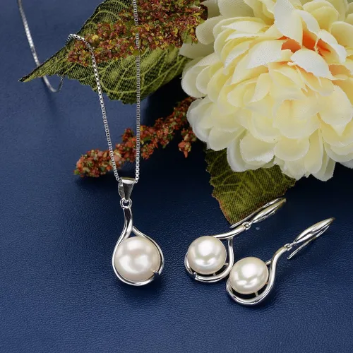 Vista 2 de EVER FAITH Woman's 925 Sterling Silver Cubic Zirconia AAA Freshwater Cultured Pearl Necklace Earrings Set Birthday Mother's Day Jewlery Gift for