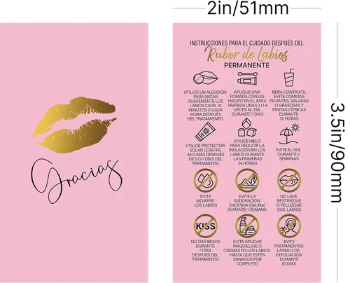 Vista 3 de BRAWNA 100 tarjetas de agradecimiento de cuidado posterior de colorete de labios de PMU español rosa - Instrucciones para el cuidado después