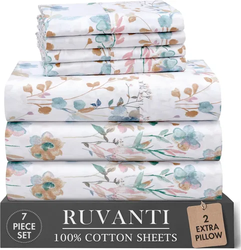 Vista 11 de RUVANTI Juego de sábanas de 4 piezas de algodón 100% natural de percal suave, ligero y transpirable, con bolsillos profundos de 16 pulgadas