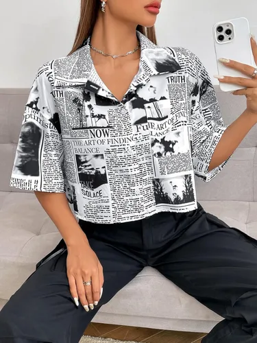 Vista 4 de SOLY HUX Camisa de manga corta con botones y estampado gráfico para mujer, blusas casuales