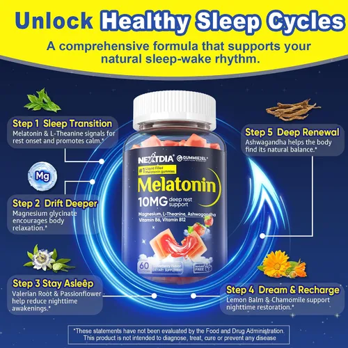Vista 4 de Nextdia Gomitas de melatonina sin azúcar, 10 mg 20 mg de glicinato de magnesio y melatonina para adultos, Ashwagandha, L-teanina, B6, B12, bálsamo