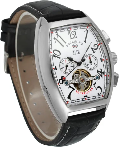 Vista 5 de FORSINING Reloj rectangular de cuerda automática para hombre, con correa de cuero auténtico, Tourbillon