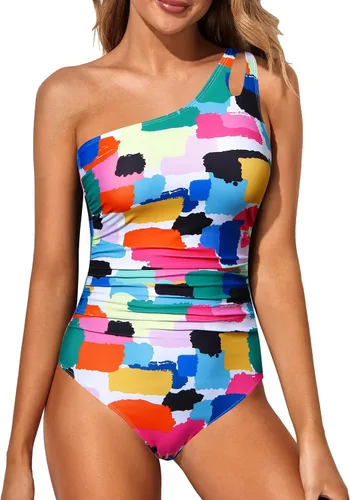 Vista 33 de Women's One Shoulder One Piece Tummy Control Swimsuit Full Coverage Diseño de ojo de cerradura, ajuste de cobertura completa, estilo modesto Negro