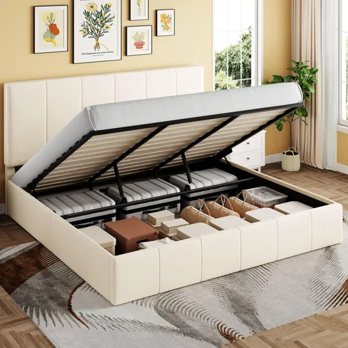 Vista 13 de SHA CERLIN - Marco de cama de almacenamiento elevable, tamaño matrimonial, con cabecero, color negro Cabecera ajustable, almacenamiento hidráulico